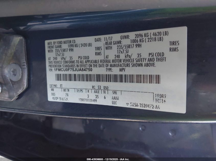 2018 Ford Escape S VIN: 1FMCU0F75JUA84750 Lot: 43936688