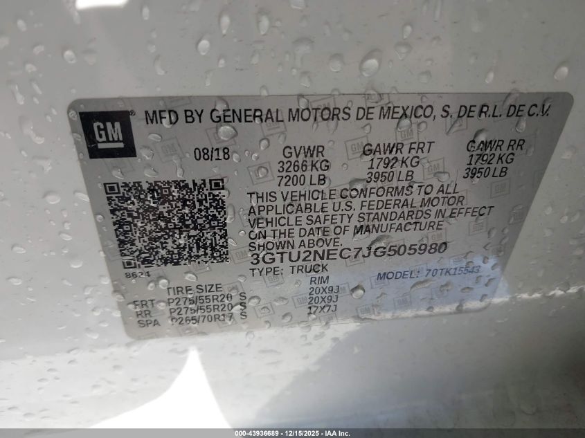 2018 GMC Sierra 1500 Slt VIN: 3GTU2NEC7JG505980 Lot: 43936689