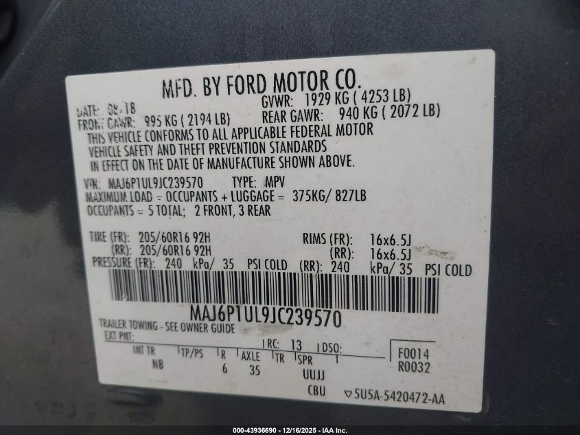 2018 Ford Ecosport Se VIN: MAJ6P1UL9JC239570 Lot: 43936690