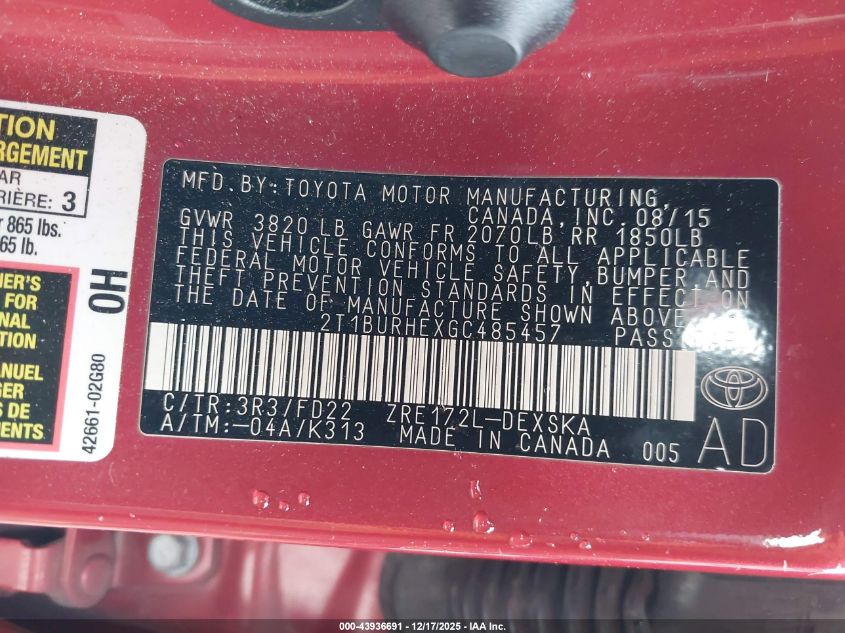 2016 Toyota Corolla S Plus VIN: 2T1BURHEXGC485457 Lot: 43936691