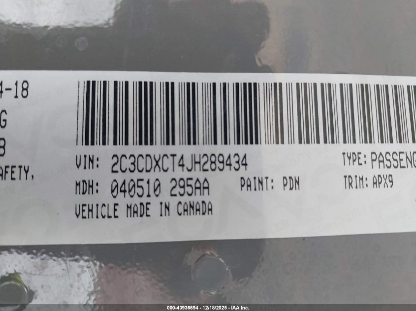 2018 Dodge Charger R/T Rwd VIN: 2C3CDXCT4JH289434 Lot: 43936694