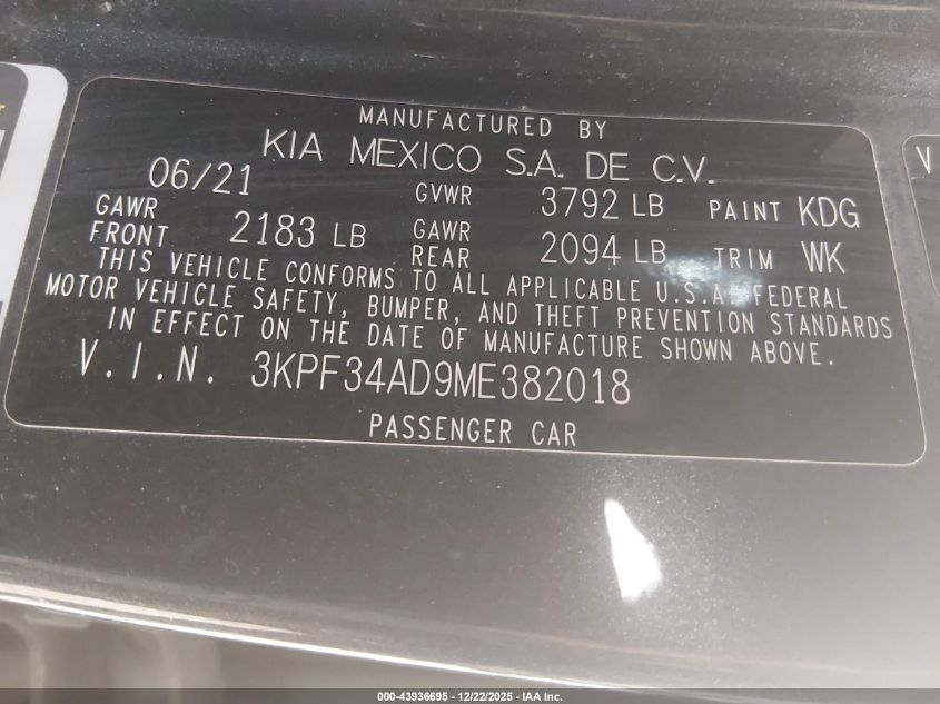 2021 Kia Forte Gt-Line VIN: 3KPF34AD9ME382018 Lot: 43936695