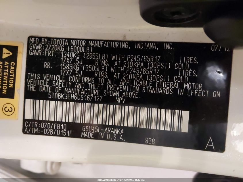 2012 Toyota Highlander Base V6 VIN: 5TDBK3EH6CS167127 Lot: 43936696