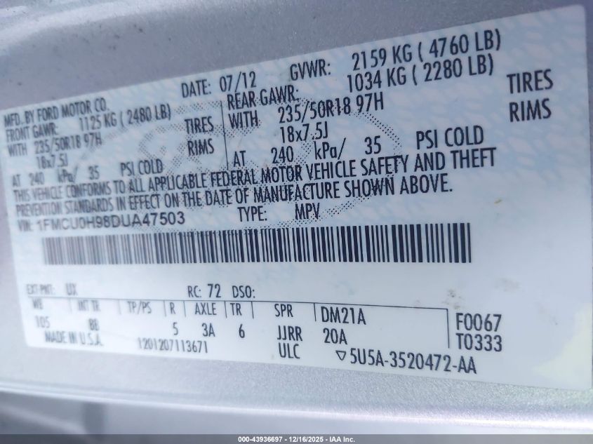 2013 Ford Escape Sel VIN: 1FMCU0H98DUA47503 Lot: 43936697