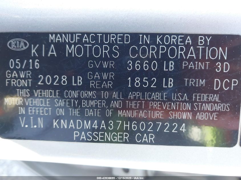 2017 Kia Rio Lx VIN: KNADM4A37H6027224 Lot: 43936699