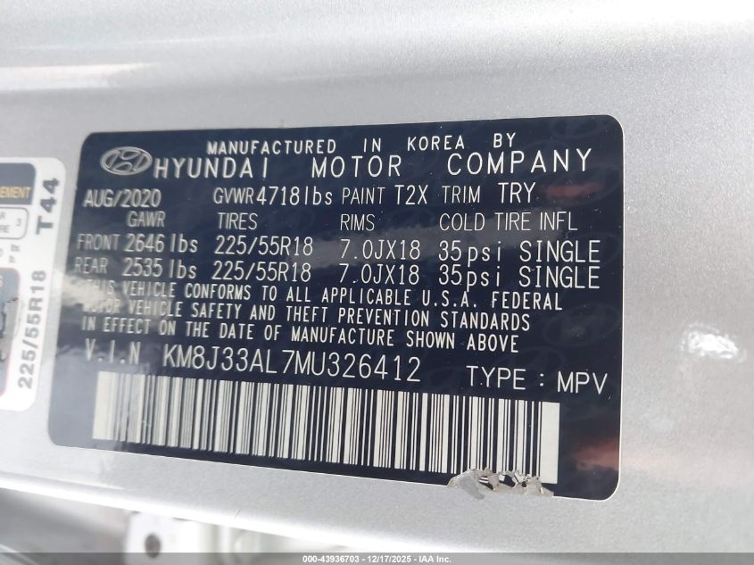 2021 Hyundai Tucson Ultimate VIN: KM8J33AL7MU326412 Lot: 43936703