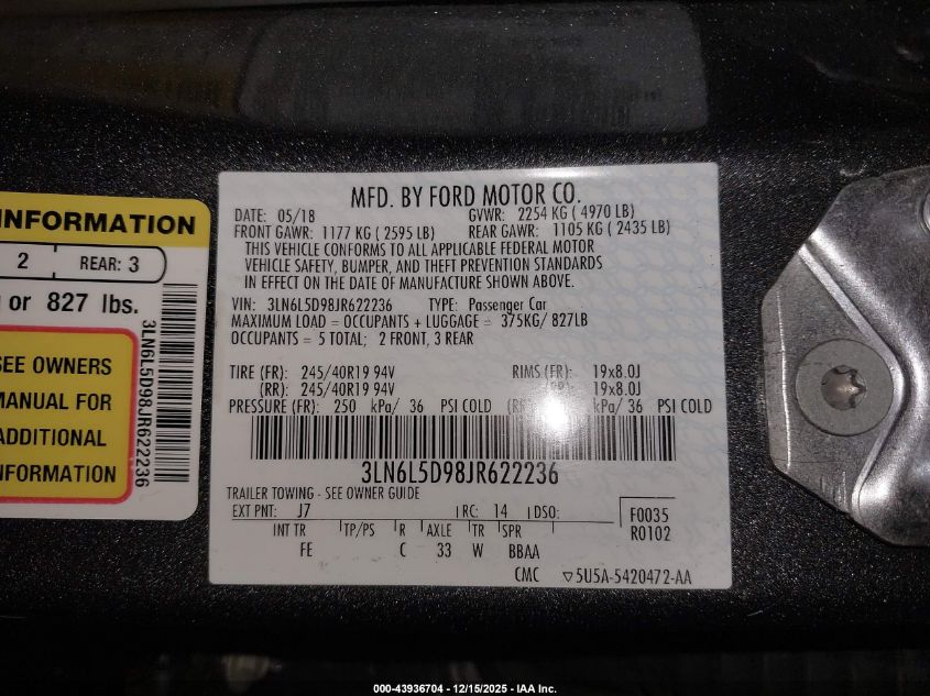 2018 Lincoln Mkz Select VIN: 3LN6L5D98JR622236 Lot: 43936704