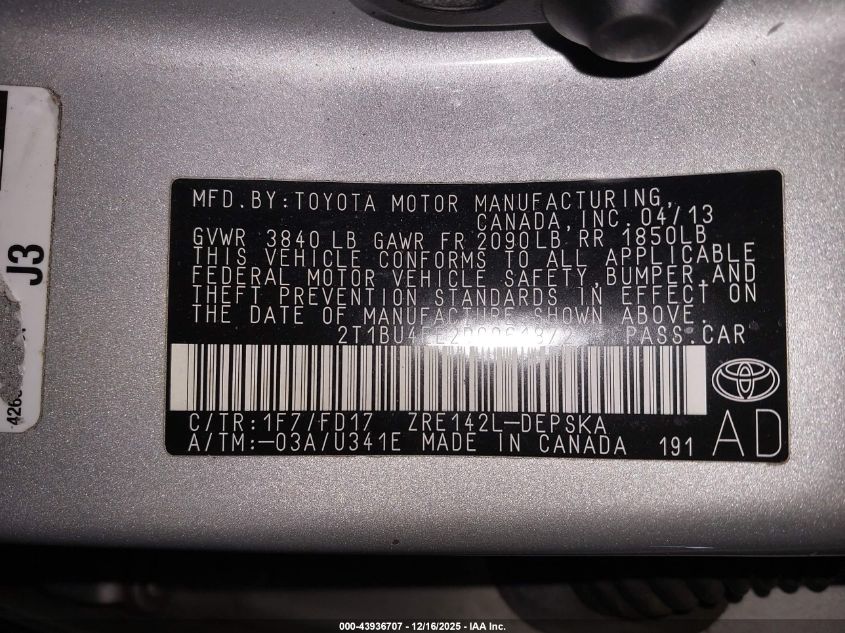 2013 Toyota Corolla S VIN: 2T1BU4EE2DC061872 Lot: 43936707