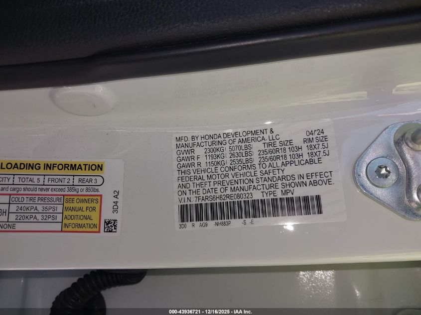 2024 Honda Cr-V Hybrid Sport-L VIN: 7FARS6H82RE080323 Lot: 43936721