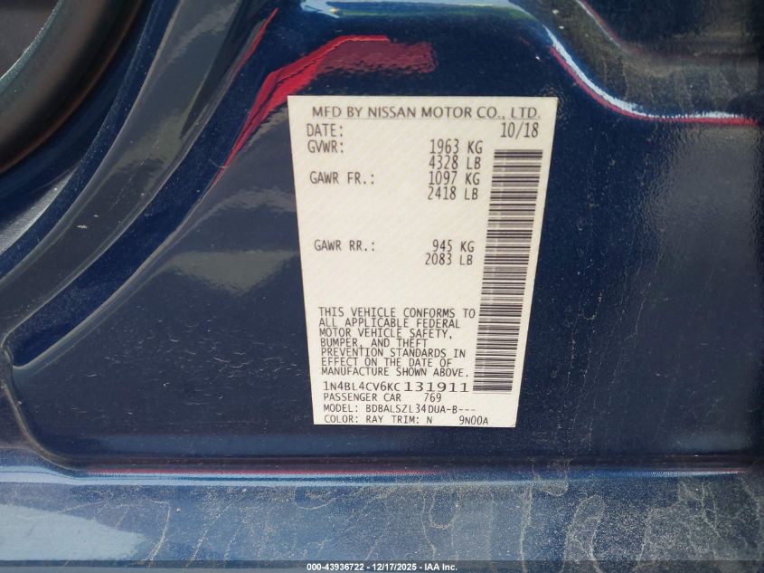 2019 Nissan Altima 2.5 Sr VIN: 1N4BL4CV6KC131911 Lot: 43936722