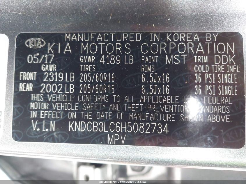 2017 Kia Niro Lx VIN: KNDCB3LC6H5082734 Lot: 43936728