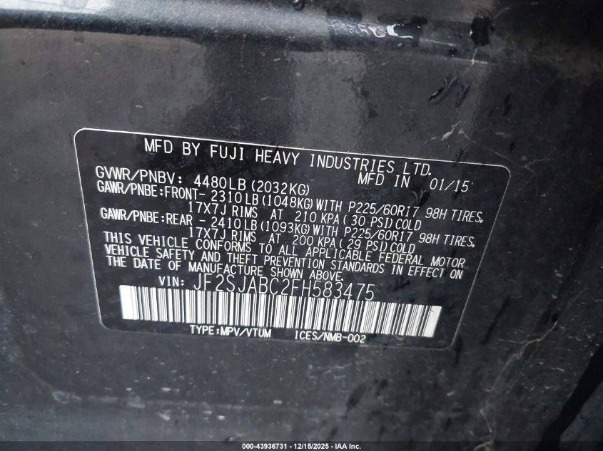 2015 Subaru Forester 2.5I VIN: JF2SJABC2FH583475 Lot: 43936731