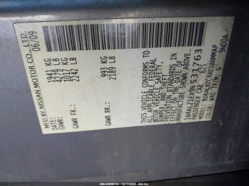 2009 Nissan Altima 2.5 S VIN: 1N4AL21EX9N531763 Lot: 43936733