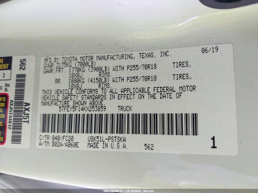 2019 Toyota Tundra Sr5 5.7L V8 VIN: 5TFEY5F14KX253859 Lot: 43936737