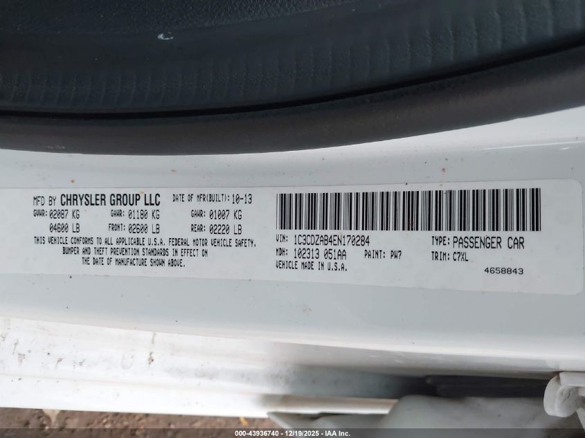 2014 Dodge Avenger Se VIN: 1C3CDZAB4EN170284 Lot: 43936740