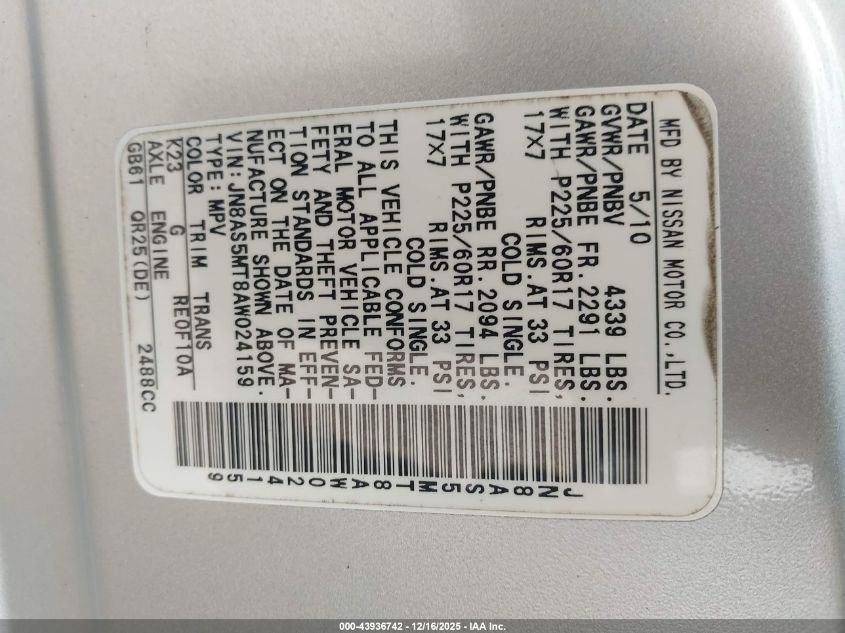 2010 Nissan Rogue Sl VIN: JN8AS5MT8AW024159 Lot: 43936742