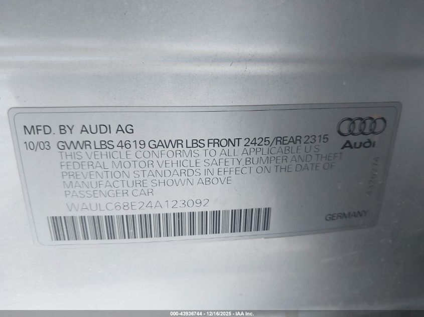 2004 Audi A4 1.8T VIN: WAULC68E24A123092 Lot: 43936744
