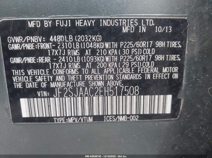 2014 Subaru Forester 2.5I VIN: JF2SJAAC2EH517508 Lot: 43936745
