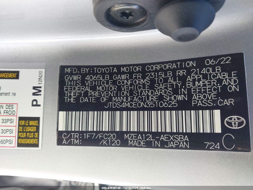 2022 Toyota Corolla Se VIN: JTDS4MCE0N3510625 Lot: 43936746