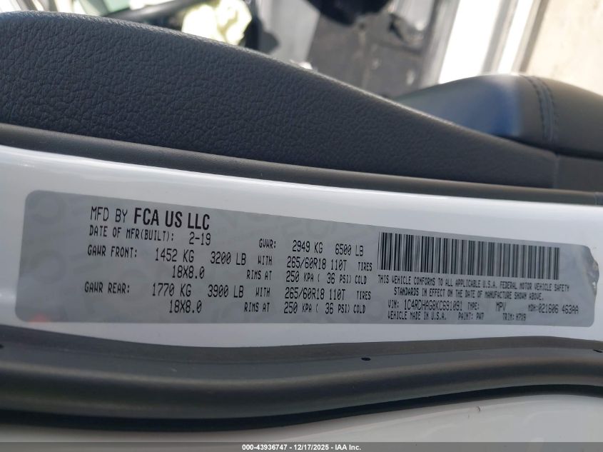 2019 Dodge Durango Sxt Rwd VIN: 1C4RDHAG8KC691091 Lot: 43936747