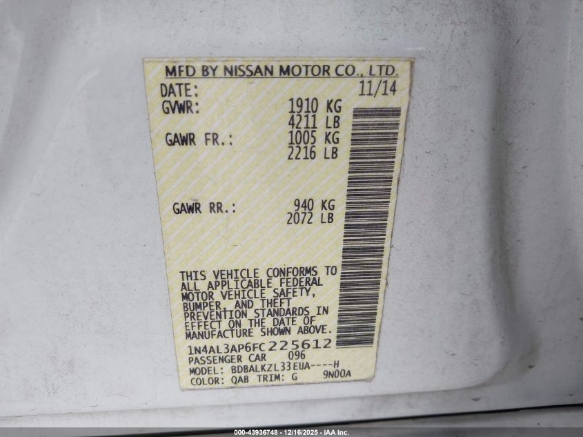 2015 Nissan Altima 2.5 Sv VIN: 1N4AL3AP6FC225612 Lot: 43936748