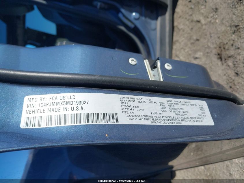 2021 Jeep Cherokee 80Th Anniversary 4X4 VIN: 1C4PJMMX5MD193027 Lot: 43936749