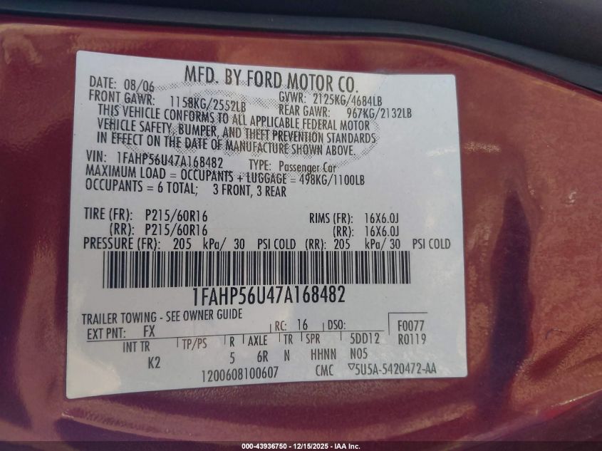 2007 Ford Taurus Sel VIN: 1FAHP56U47A168482 Lot: 43936750