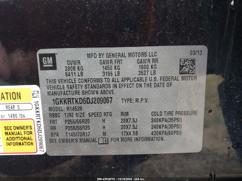 2013 GMC Acadia Denali VIN: 1GKKRTKD6DJ209067 Lot: 43936751