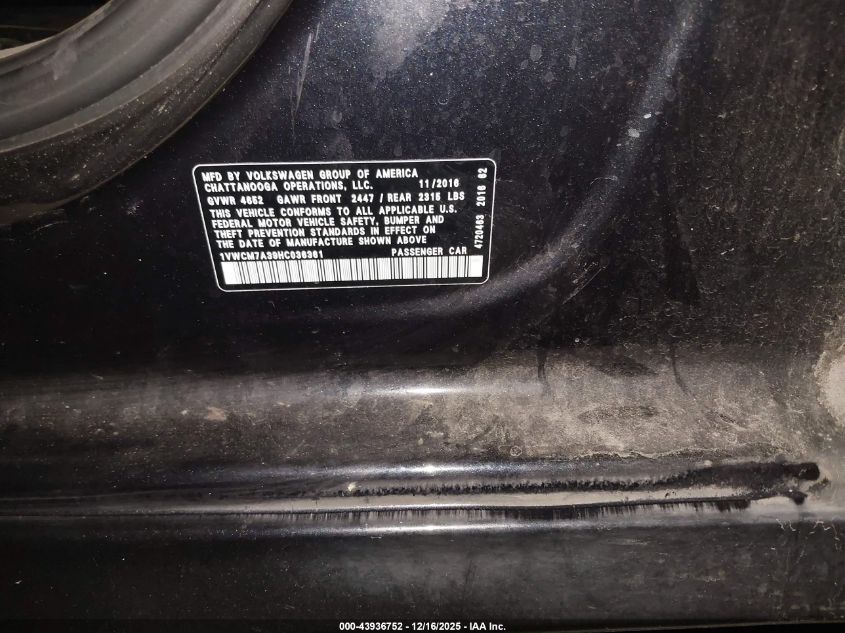 2017 Volkswagen Passat V6 Sel Premium VIN: 1VWCM7A39HC036361 Lot: 43936752