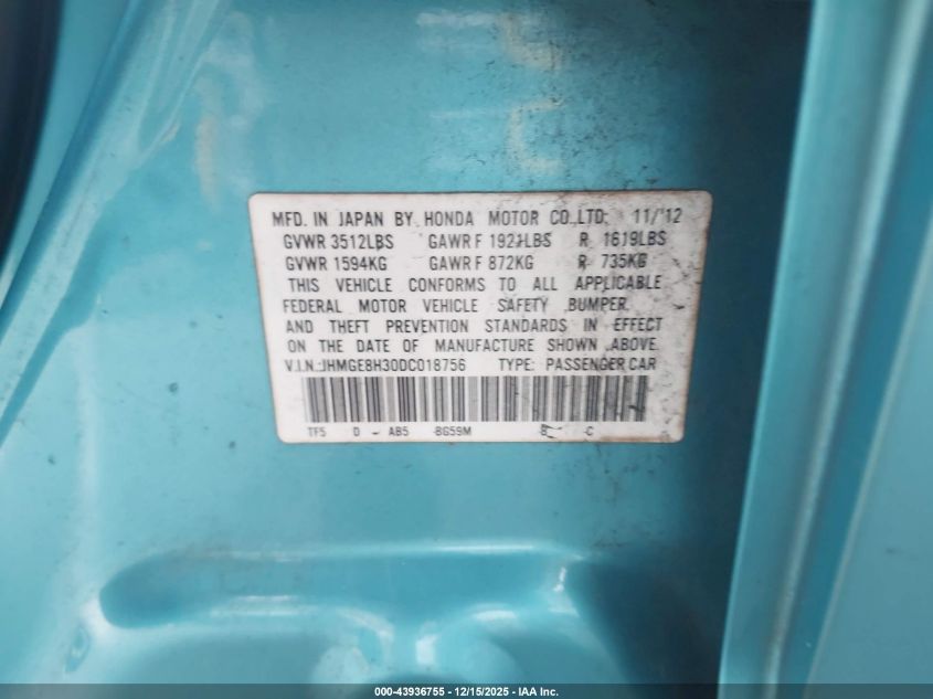 2013 Honda Fit VIN: JHMGE8H30DC018756 Lot: 43936755