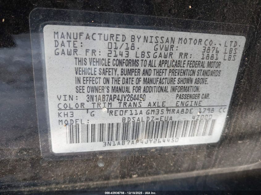 2018 Nissan Sentra Sv VIN: 3N1AB7AP4JY264450 Lot: 43936756