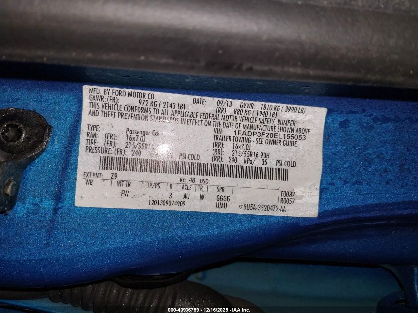 2014 Ford Focus Se VIN: 1FADP3F20EL155053 Lot: 43936759