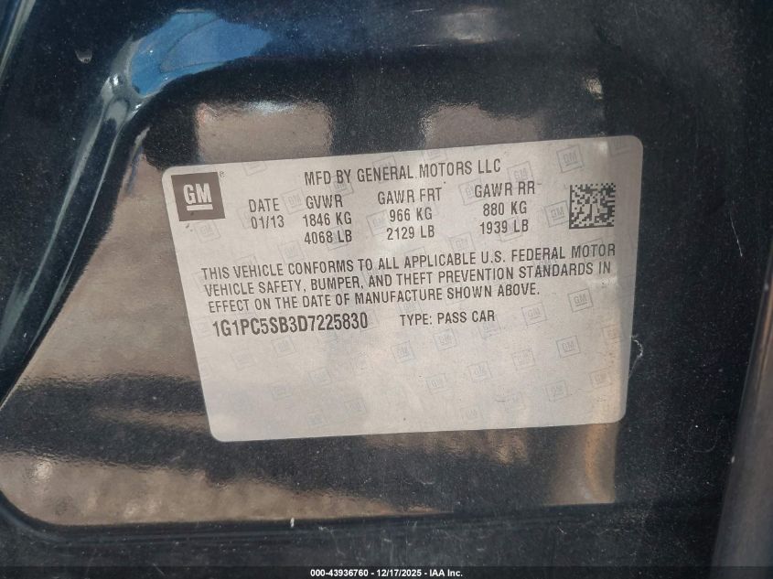 2013 Chevrolet Cruze 1Lt Auto VIN: 1G1PC5SB3D7225830 Lot: 43936760