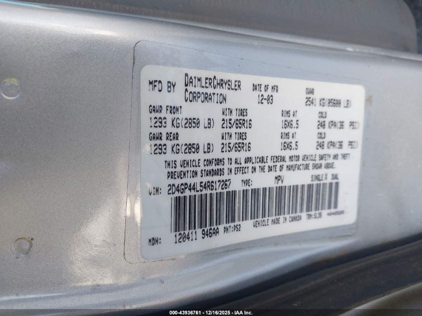 2004 Dodge Grand Caravan Sxt VIN: 2D4GP44L54R617267 Lot: 43936761