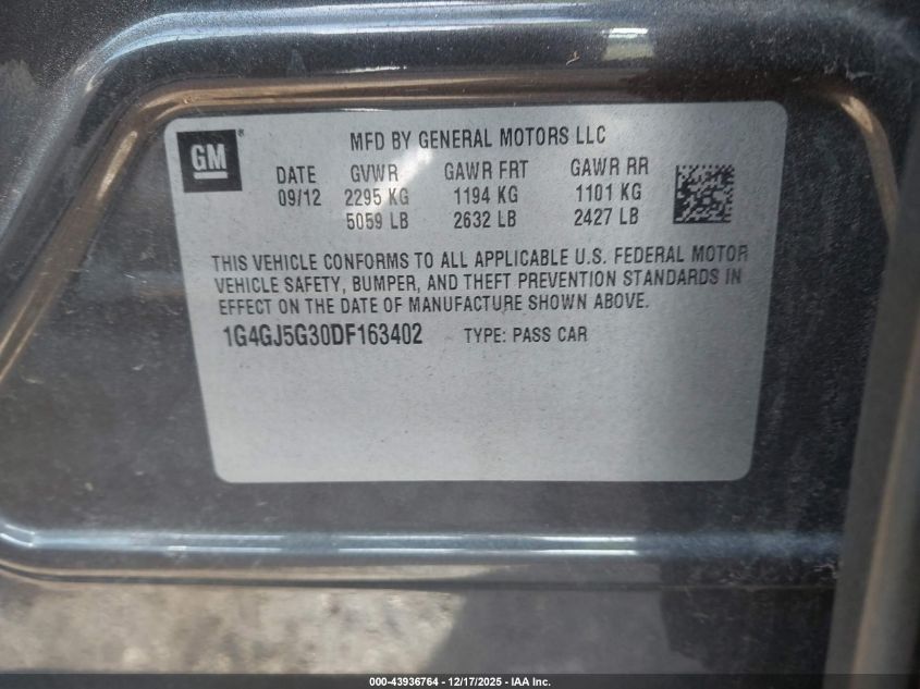 2013 Buick Lacrosse Touring Group VIN: 1G4GJ5G30DF163402 Lot: 43936764