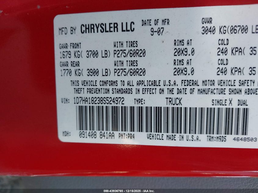 2008 Dodge Ram 1500 Slt VIN: 1D7HA18238S524972 Lot: 43936765