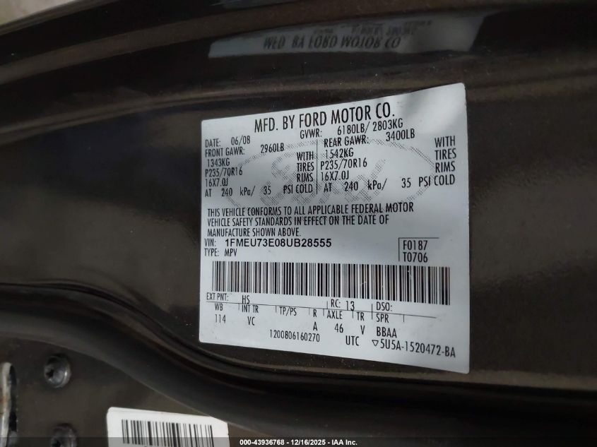 2008 Ford Explorer Xlt VIN: 1FMEU73E08UB28555 Lot: 43936768