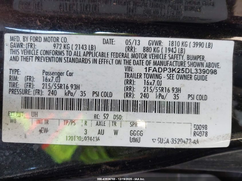 2013 Ford Focus Se VIN: 1FADP3K25DL339098 Lot: 43936769