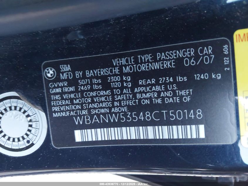 2008 BMW 550I VIN: WBANW53548CT50148 Lot: 43936770