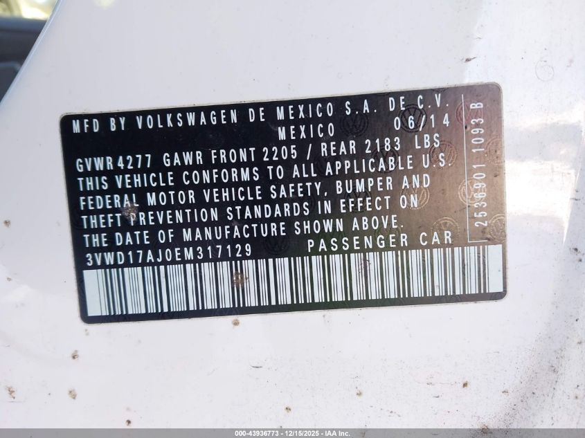 2014 Volkswagen Jetta 1.8T Se VIN: 3VWD17AJ0EM317129 Lot: 43936773