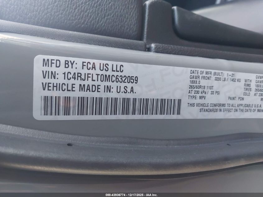 2021 Jeep Grand Cherokee Trailhawk 4X4 VIN: 1C4RJFLT0MC632059 Lot: 43936774