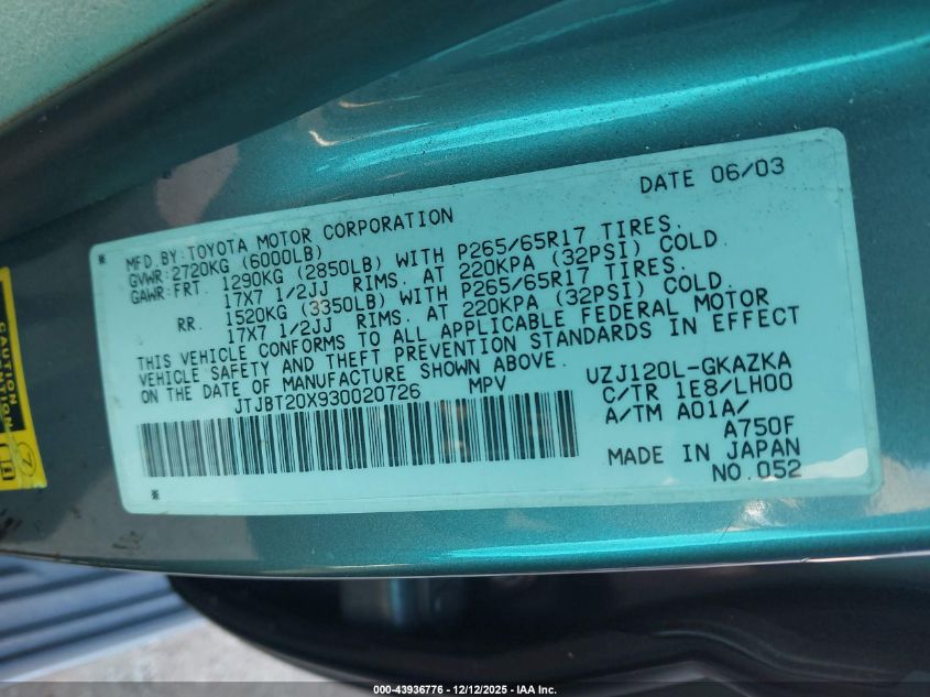 2003 Lexus Gx 470 VIN: JTJBT20X930020726 Lot: 43936776