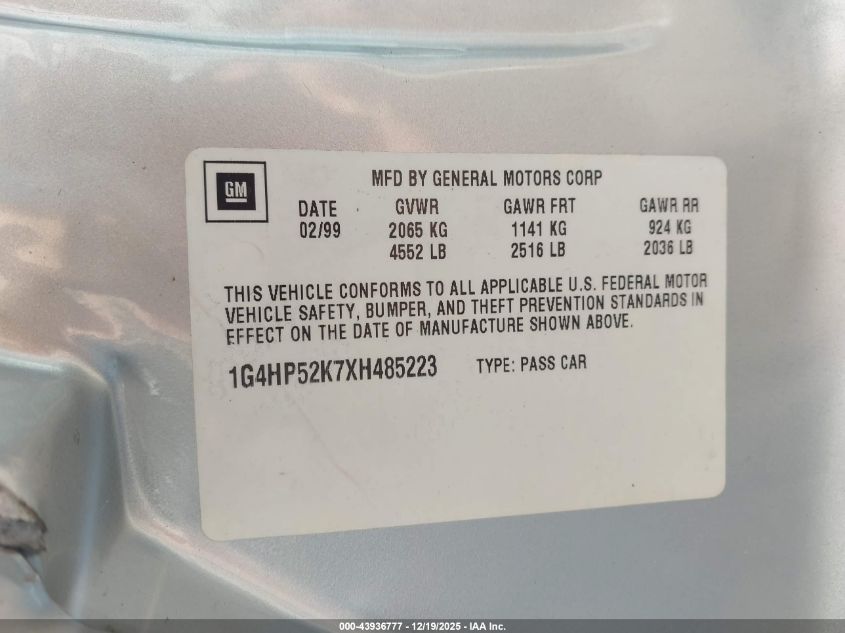 1999 Buick Lesabre Custom VIN: 1G4HP52K7XH485223 Lot: 43936777