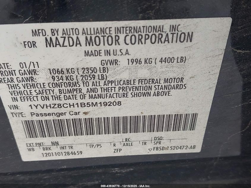 2011 Mazda Mazda6 I Touring VIN: 1YVHZ8CH1B5M19208 Lot: 43936778