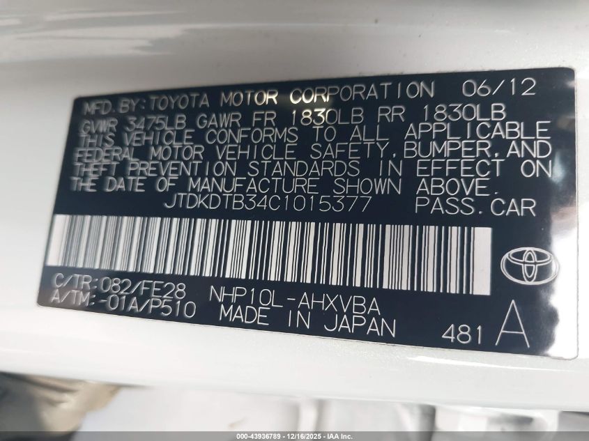 2012 Toyota Prius C One VIN: JTDKDTB34C1015377 Lot: 43936789