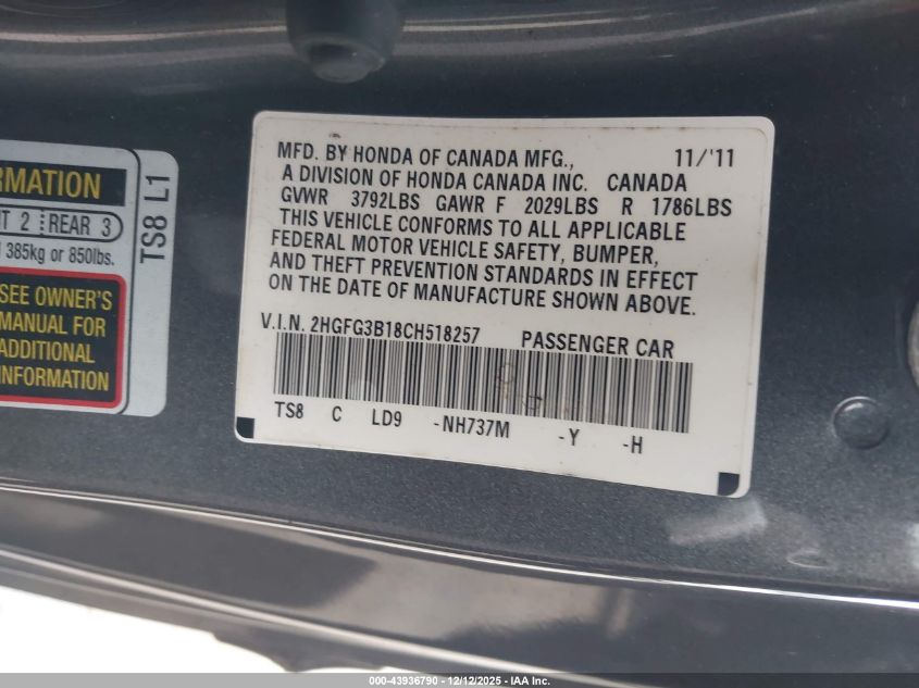 2012 Honda Civic Ex-L VIN: 2HGFG3B18CH518257 Lot: 43936790