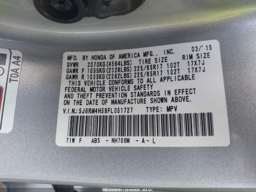 2015 Honda Cr-V Ex VIN: 5J6RM4H59FL051727 Lot: 43936791