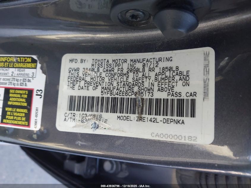 2012 Toyota Corolla Le VIN: 5YFBU4EE6CP005173 Lot: 43936796