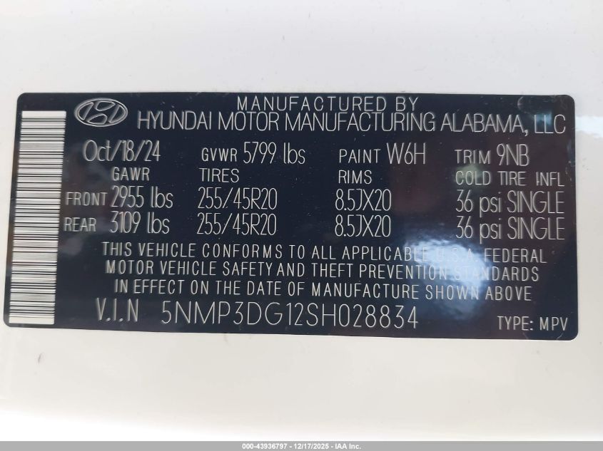2025 Hyundai Santa Fe Hybrid Limited VIN: 5NMP3DG12SH028834 Lot: 43936797