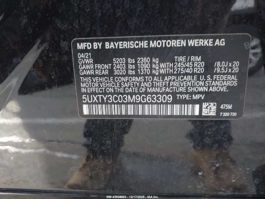 2021 BMW X3 Sdrive30I VIN: 5UXTY3C03M9G63309 Lot: 43936803